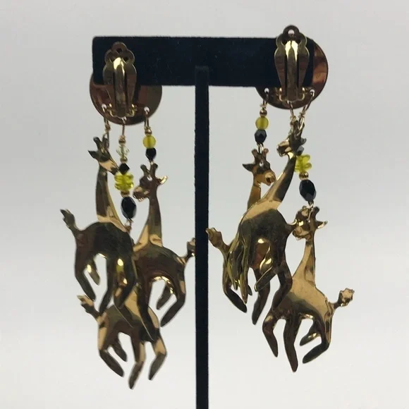 Vtg Lunch at the Ritz Giraffe 1988 Drop Earrings